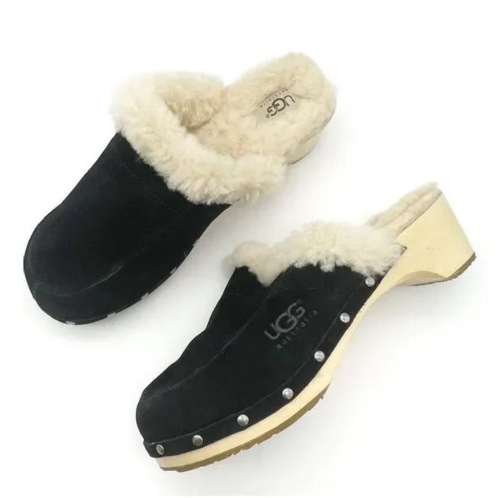 UGG Black Suede Mules with Cream Lining